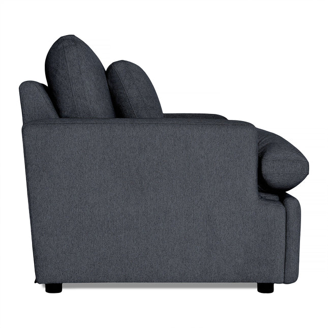 Side view of the My Cloud Power Recliner in dark gray upholstery with thick cushions and armrests, highlighting its customizable design. The recliner offers comfort with a sturdy build and short black legs, set against a plain white background.