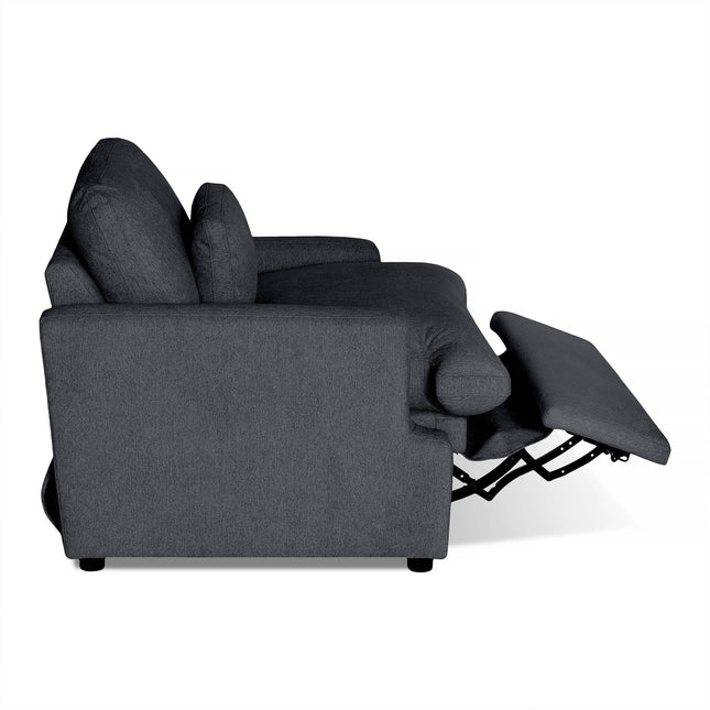 Side view of the My Cloud Power Recliner in dark gray, showcasing an extended footrest. It features cushioned armrests, a plush backrest for added comfort, and a visible footrest mechanism beneath the seat for customizable relaxation.