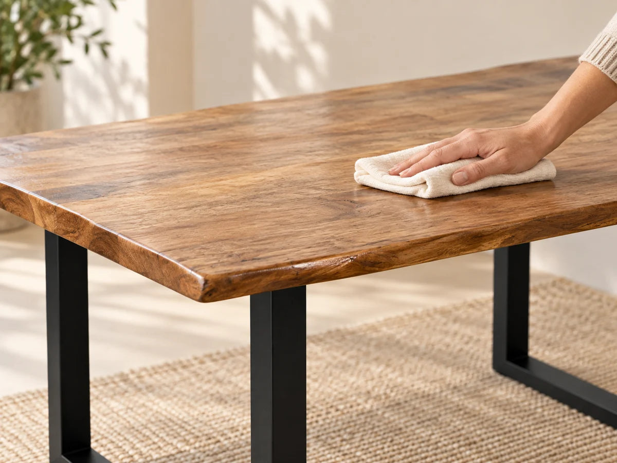 Illustration of a hand wiping the acacia tabletop with a soft cloth