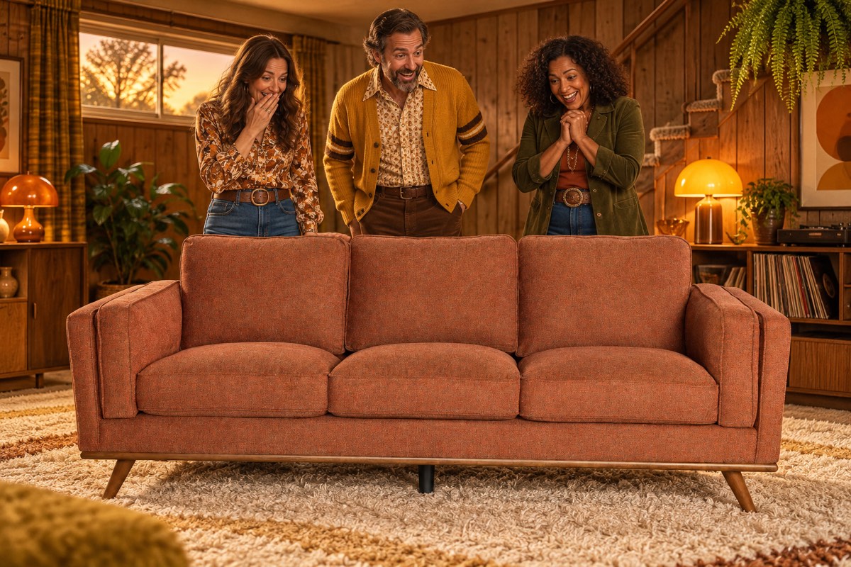 Three delighted friends react to the Terra Cotta Maddox sofa in a warm, wood-paneled 1970s-inspired living room.
